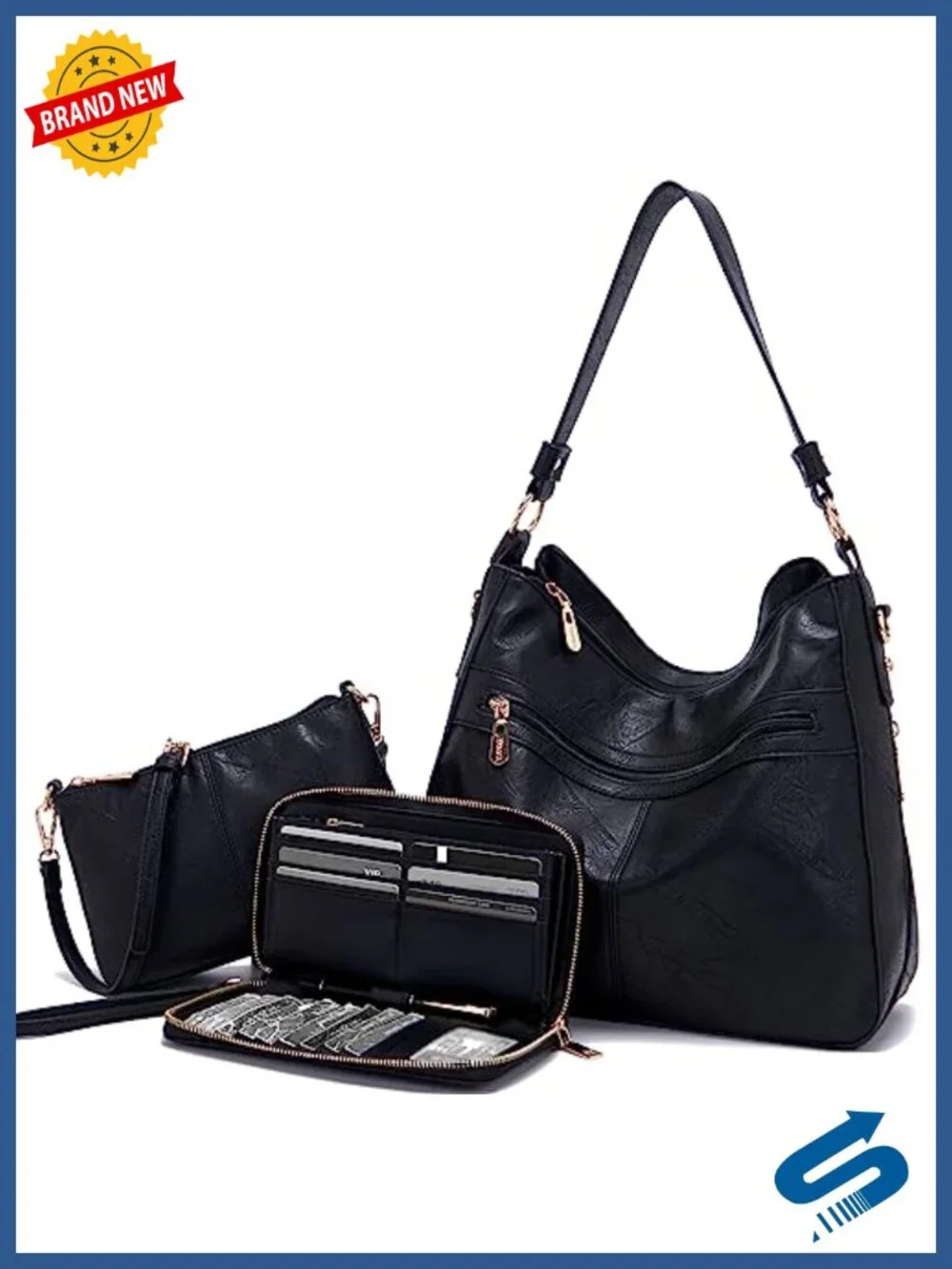 Women Large Faux Leather Hobo Tote Crossbody Bag Purse Wallet Set 3pc